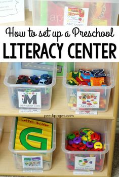 a book shelf with plastic bins filled with letters and numbers on it, and the words how to set up a preschool library center