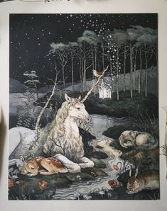 an illustration of a unicorn and other animals in the woods