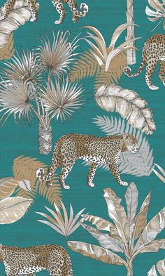 leopards and palm leaves on a dark blue background