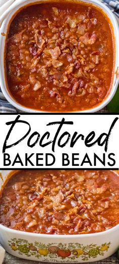 two pictures of baked beans in a casserole dish with the title above it