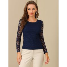 This lace top features a scalloped round neck, sheer long sleeves, and a slim silhouette. It is suitable for working, parties, shopping, and many occasions. Slight stretchy fabric creates a breezy, textural base for this lace top, which is accented with a puff sleeve for a feminine dimension. Slim Fit, shows your perfect curve. A nice choice to wear it for a sweet date or a dance party. Lace Blouse Long Sleeve, Perfect Curves, Floral Lace Tops, Puff Long Sleeves, Lace Neckline, Elegant Blouses, Embroidery Lace, Flower Embroidery, Dance Party