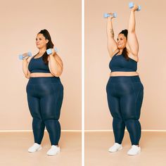 a woman is doing exercises with dumbbells