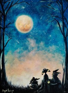 two witches sitting under an umbrella in the woods at night with a full moon behind them