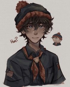 a drawing of a person wearing a hat and jacket with an animal on the side