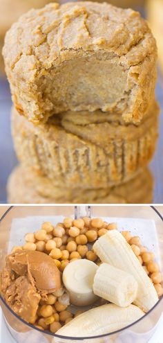 there are two pictures with different foods in the bottom and one has peanut butter on top