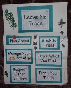 a sign that says leave no trace with pictures and words on it, including trees