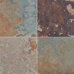 four different types of stone that are brown, blue, and grey with some rust