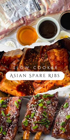 Get ready to enjoy the tantalizing flavors of Asian cuisine right at home with our slow cooker spare ribs recipe! These ribs are slow-cooked in a rich, flavorful sauce, resulting in a tender and juicy dish that's bursting with flavor. It's the perfect recipe for a comforting family meal or a show-stopping dinner party dish. Korean Pork Spare Ribs Recipe, Spicy Slow Cooker Recipes, Asian Pork Ribs Recipe, Korean Spare Ribs Recipe, Slow Cooker Asian Recipes, Ribs Appetizer, Asian Spare Ribs, Rib Sauce Recipe, Slow Cook Pork Ribs