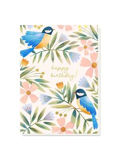 a birthday card with birds and flowers on it