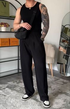 Black Sando Outfit For Men Aesthetic, Black Vintage Outfits Men, All Black Outfit Men Summer, Black Casual Outfit Men, Black Aesthetic Outfits Men, Black Summer Outfits Men, Dark Style Aesthetic, Mens Black Dress Pants, Black Outfit Men