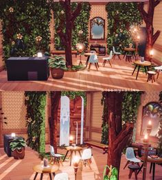 two pictures of the inside of a house with furniture and decorations in it, one is set up as a living room