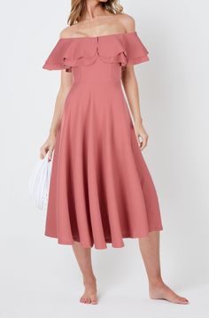 Elevate your everyday style with our Off-the-Shoulder Ruffle Midi Dress, combining comfort and elegance in one chic piece. Crafted from super stretchy fabric for a perfect fit, this dress features a flattering A-line silhouette and romantic off-shoulder design, making it ideal for both special occasions and casual outings. The layered ruffles add a soft, feminine touch, while its versatile styling allows you to pair it with heels for a polished look or sandals for a laid-back vibe. Super stretch Feminine Midi-length Ruffle Dress, Feminine Fitted Midi Length Ruffle Dress, Fitted Flutter Sleeve Midi Dress With Ruffles, Fitted Midi Dress With Ruffles And Flutter Sleeves, Evening Solid Color Midi Dress With Ruffles, Solid Color Evening Midi Dress With Ruffles, Solid Color Midi Dress With Ruffles For Evening, Feminine Fitted Midi Dress With Flutter Sleeves, Elegant Solid Midi Dress With Ruffles