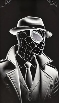 a black and white drawing of a man in a suit with spider - man on his face