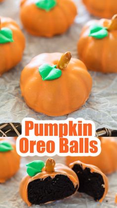 Orange pumpkin shaped oreo ball truffles with a pretzel stem and green leaf icing decoration. Halloween Dessert Table, Thanksgiving Desserts Table, Thanksgiving Snacks, Fall Baking Recipes, Oreo Balls, Easy Halloween Food, Halloween Food Treats, Thanksgiving Treats