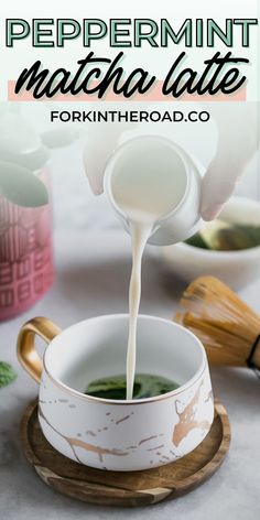 a cup of matcha latte is being poured into a mug with the text peppermint matcha latte