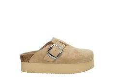 Sand Womens Cutie Pie Platform Clog | Madden Girl | Rack Room Shoes Trendy Clogs With Buckle Closure, Casual Suede Platform Mules, Trendy Suede Mules With Round Toe, Platform Clogs Outfit, Clog Outfits, Platform Outfit, Platform Clogs Shoes, Girls Clogs, Clogs Outfit