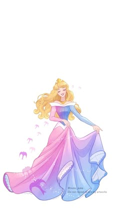 a drawing of a blonde haired girl in a blue and pink dress with long hair