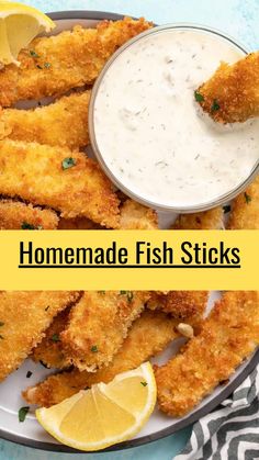 homemade fish sticks with ranch dip and lemon wedges