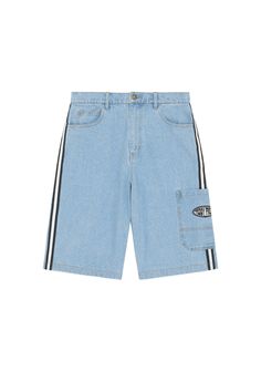 90s Baggy Denim Shorts - Teddy Fresh Streetwear Shorts With Five Pockets, Relaxed Fit Jean Shorts With Patch Pockets, Cotton Jean Shorts With Side Pockets, Five-pocket Streetwear Shorts, Denim Jean Shorts With Side Pockets, Casual Denim Bottoms With Logo Patch, Casual Denim Blue Bottoms With Logo Patch, Relaxed Fit Denim Shorts With Patch Pockets, Medium Wash Shorts With Patch Pockets