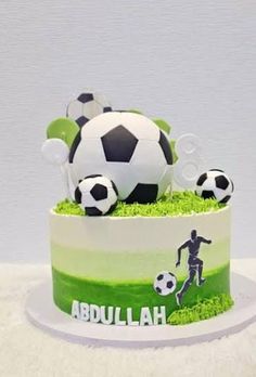 a birthday cake with soccer balls on top