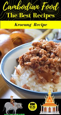 a bowl filled with rice and meat on top of a table