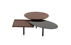 three tables with wooden tops and metal legs, one on top of the other side