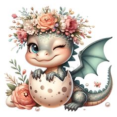 a cute baby dragon with flowers on its head