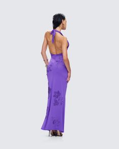 We see a dinner date in your future 😉 Dress to impress in this elegant yet sultry purple maxi dress made from jersey fabric and complete with a low plunge neckline, halter ties, and rhinestone detailing ✨💜 Plunge Maxi Dress, Purple Maxi, Purple Maxi Dress, Summer Inspo, Purple Rhinestone, Plunge Neckline, Dinner Date, White Jersey, Ruffle Shorts