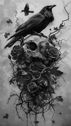 a black bird sitting on top of a skull with roses in it's mouth