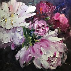 an oil painting of pink and white flowers