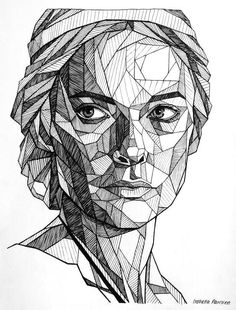 a black and white drawing of a woman's face with geometric lines on it