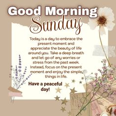 good morning sunday greeting card with flowers and cards on the front, in brown background