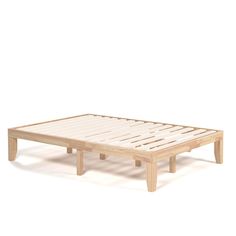 a wooden bed frame sitting on top of a white floor