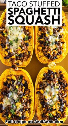 four stuffed spaghetti dishes in yellow squash shells with cheese and black beans on the side