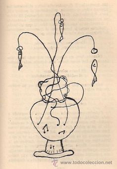 a drawing of a flower in a vase on top of an open book with string attached to it