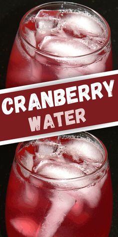 cranberry water in a glass with ice cubes on the rim and a red sign that says cranberry water