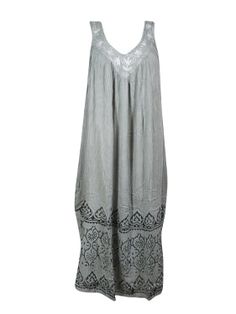 Women's Maxi Sundress, Gray Embroidered Beach Bohemian Dresses, Lounger Dress L: The dress features embroidery that weaves a story of artistry across its flowing fabric. The delicate stitches form patterns reminiscent of medieval tapestries, adding a touch of old-world charm to the contemporary silhouette. The embroidery, strategically placed, enhances the beauty of the dress, creating a truly unique and captivating look. Designed for the modern bohemian, the maxi dress embraces a loose and rela Beach Floral Embroidered Maxi Sundress, Beach Sundress With Floral Embroidery, Casual Summer Maxi Dress With Embroidered Hem, Summer Boho Dress With Embroidered Hem For Beach, Bohemian Sundress With Lace Trim For Vacation, Beach Maxi Dress With Embroidered Hem, Bohemian Lace Trim Sundress For Vacation, Casual Boho Dress With Embroidered Hem For Summer, Spring Boho Beach Dress With Embroidered Hem