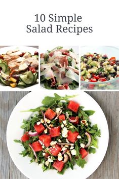 four different salads are shown with the words 10 simple salad recipes on top and below