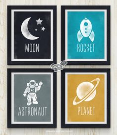 four framed art prints with the names of different planets