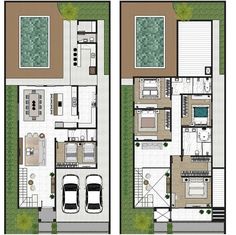 two story house plans with garages and swimming pool in the ground floor plan for an apartment