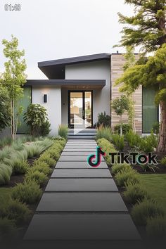 the front entrance to a modern home surrounded by trees and shrubs, with an entry way leading into the house