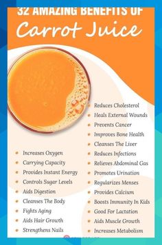 an orange juice poster with the words amazing benefits of carrot juice on it's side