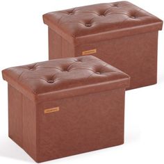 two brown leather storage boxes with buttons on the top and bottom, one is empty