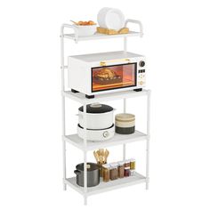 a microwave oven sitting on top of a three tiered shelving unit with food and utensils