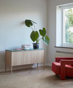 a living room with a red chair and a plant on the table in front of it