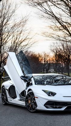 a white sports car with its doors open on the street in front of some trees