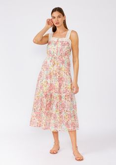 [Color: Natural/Peach Blossom] A front facing image of a brunette model wearing a bohemian pink floral mid length dress. A sleeveless summer dress with adjustable tank top straps Spring Sundress With Ditsy Floral Print And Square Neck, Pink Floral Print Maxi Dress With Square Neck, Pink Ditsy Floral Print Sundress For Spring, Spring Floral Print Sundress With Square Neck, Pink Floral Print Sundress With Square Neck, Spring Sleeveless Floral Dress With Lace Trim, Spring Floral Sleeveless Dress With Lace Trim, Pink Sundress With Floral Print And Square Neck, Sleeveless Spring Floral Dress With Lace Trim