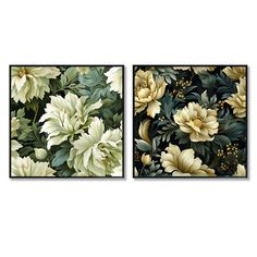 two paintings with white and yellow flowers on them