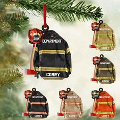 fire department jackets hanging from a christmas tree