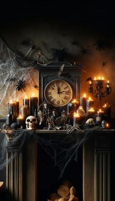 a fireplace with candles and halloween decorations on it, including an old clock surrounded by fake skeletons